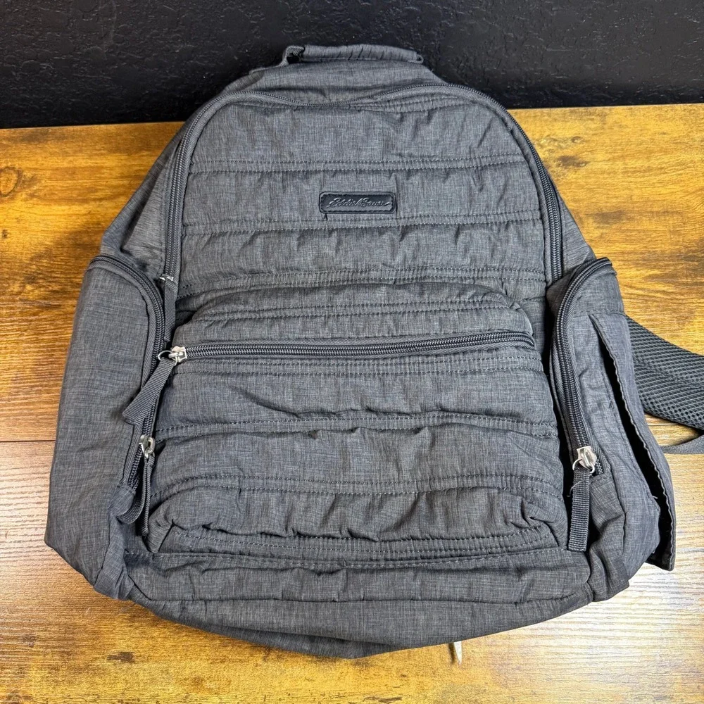 Eddie Bauer Quilted Grey Polyester Multi-Pocket‎ Laptop Backpack Unisex Medium